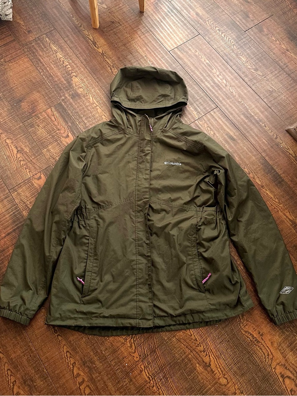 Columbia Olive Green Hooded Raincoat with Pink Accent